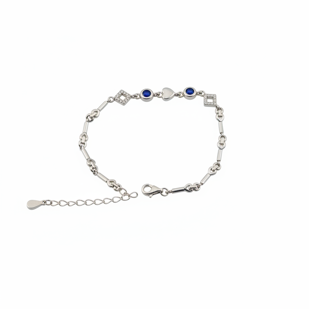 925 sterling silver bracelet with geometric diamond and circular links on white background