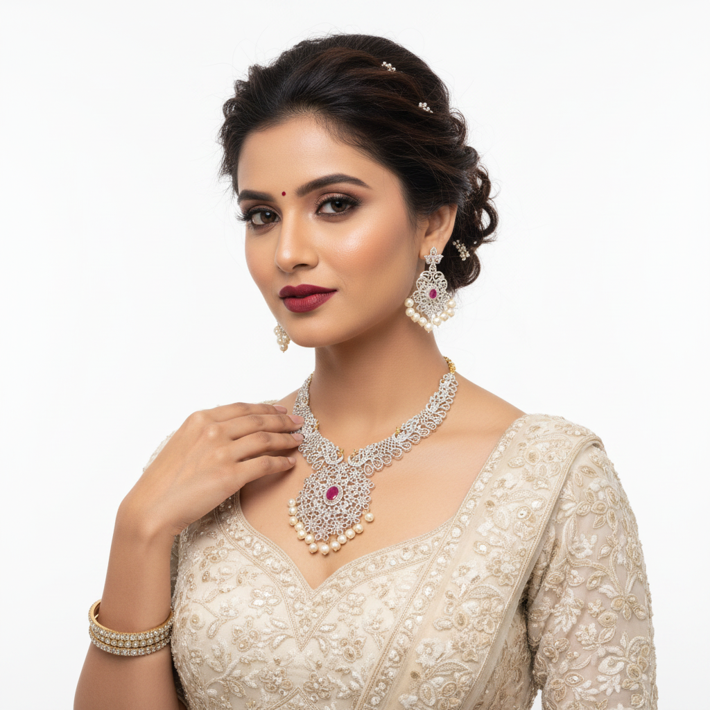 Ruby CZ Necklace Set - Model Wear