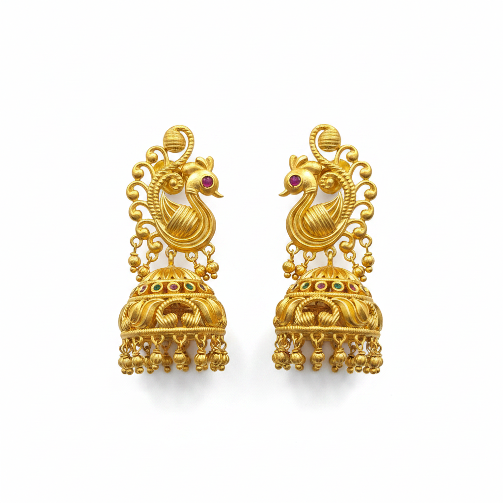 Peacock Matte Gold Temple Jhumka Earrings flat lay on white background