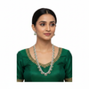 Model wearing emerald CZ necklace and earrings set