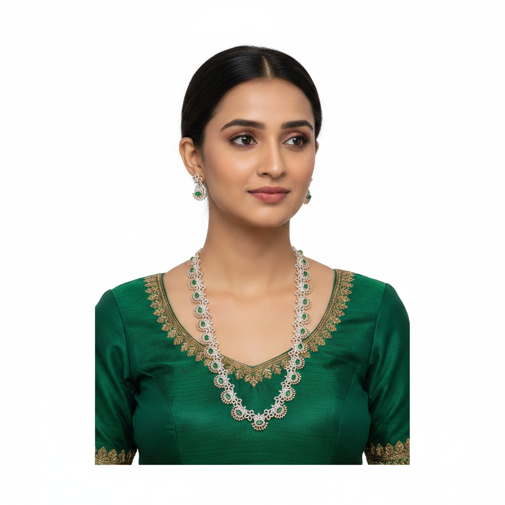 Model wearing emerald CZ necklace and earrings set