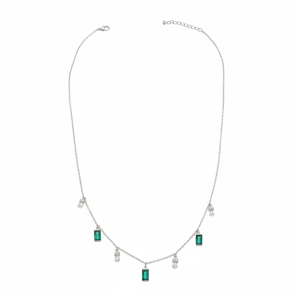 925 silver necklace with emerald green stones on white background