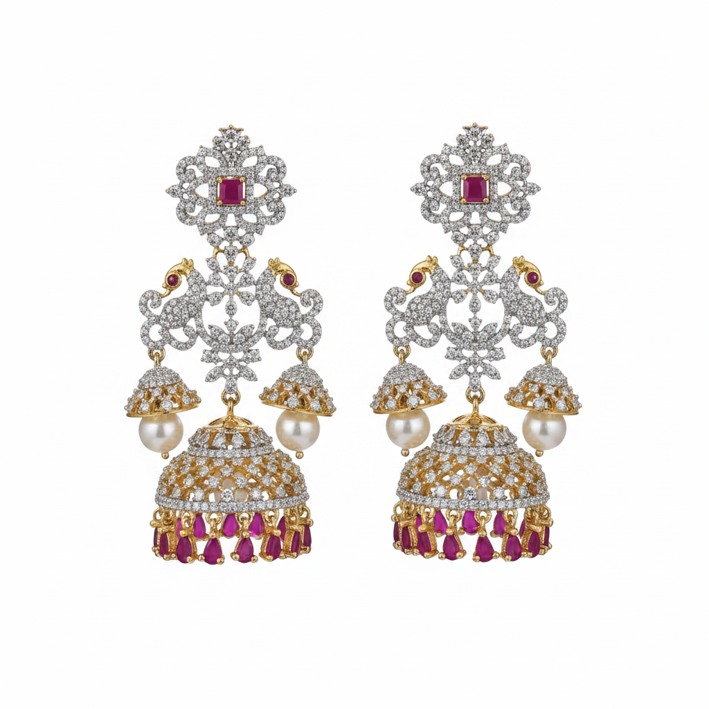 Pink CZ Peacock Jhumka - White Background