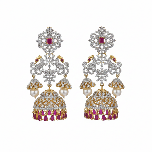 Pink CZ Peacock Jhumka - White Background