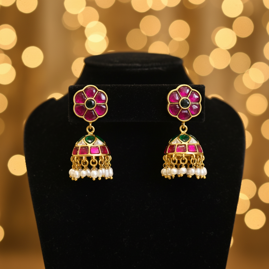 Lifestyle - Jadau Kundan Flower Jhumka on Black Velvet Stand