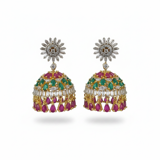 360° Rotating CZ Jhumki Multi Colour on white background