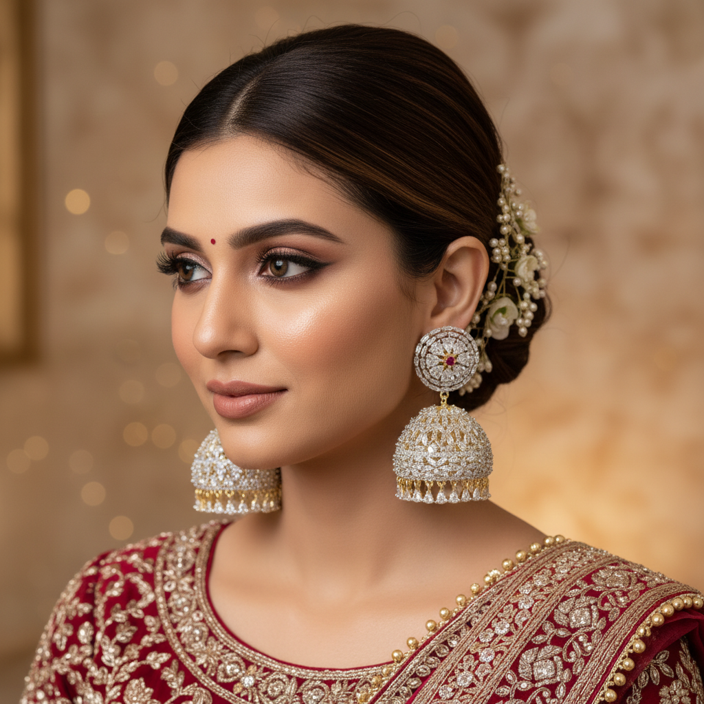 Indian model wearing diamond finished CZ jhumka earrings, editorial portrait