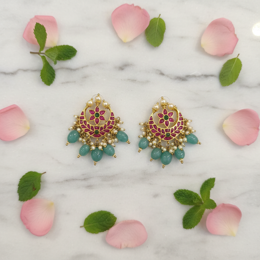 Kempu Chandbali Earrings – flat lay on marble