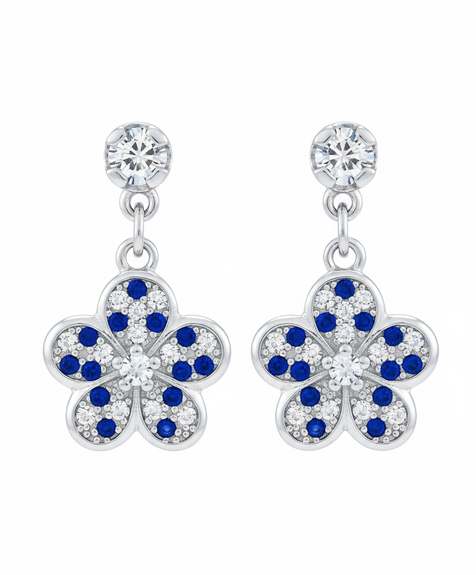 925 Silver Flower Earrings with Blue Sapphire Crystals
