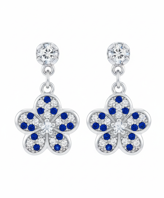 925 Silver Flower Earrings with Blue Sapphire Crystals