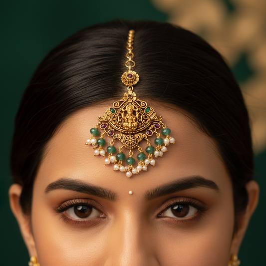 Lifestyle shot of Lakshmi temple maang tikka worn on forehead