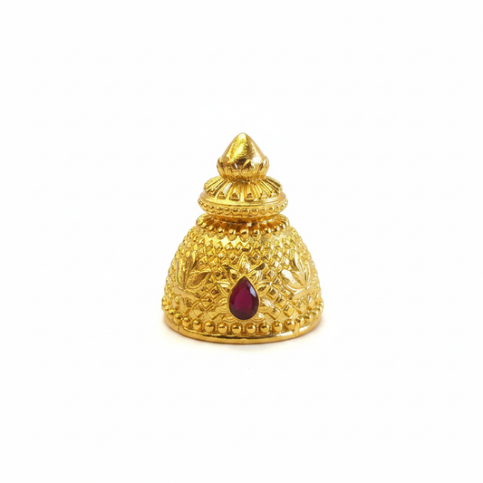 Gold woven mesh dome mukut for Hindu deity idol - white background