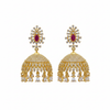 Gold plated CZ jhumka earrings with ruby pink centre stone on white background