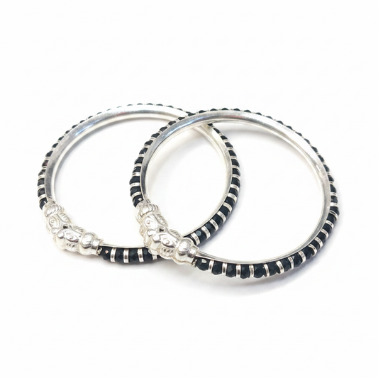 92.5 Silver Kids Bangle with Black Beads and Lion Head Clasp - White Background