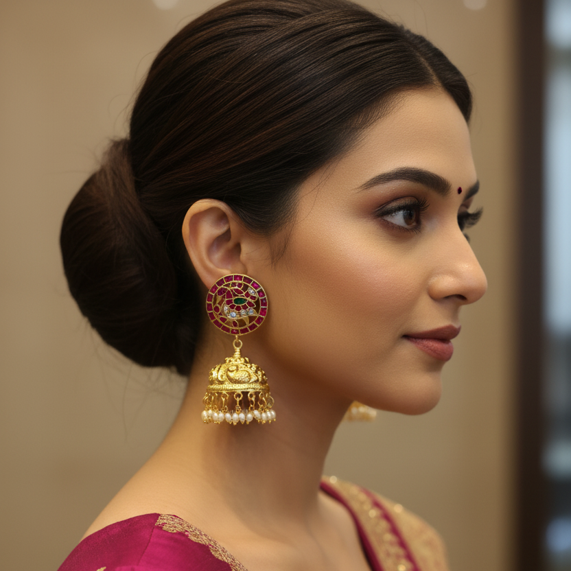 Model Wearing Jadau Kundan Kempu Jhumka Earrings