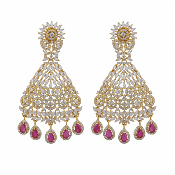 Grand CZ Chandbali Earrings Variant 2 Ruby Drops White Background