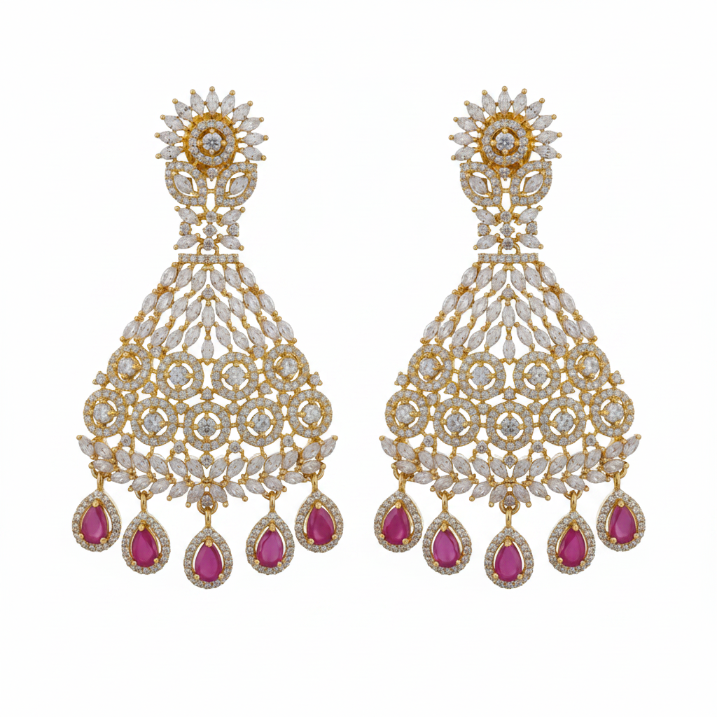 Grand CZ Chandbali Earrings Variant 2 Ruby Drops White Background