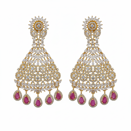 Grand CZ Chandbali Earrings Variant 2 Ruby Drops White Background