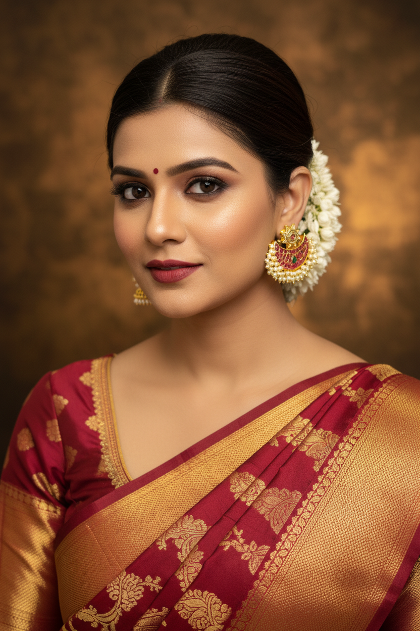 Kempu Surya Chandra Vanka Chandbali Earrings - Model Wearing