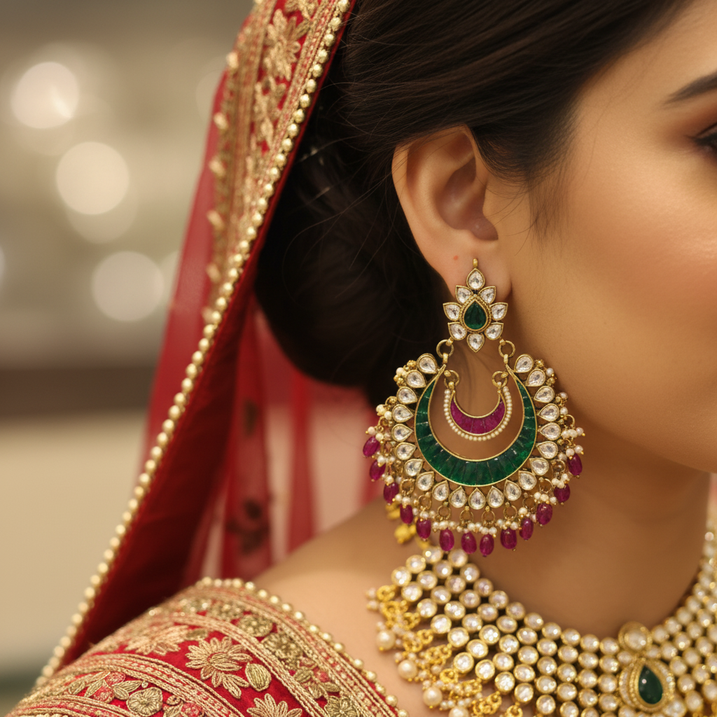Jadau Kundan Chandbali Earrings - On-Model Bridal Lifestyle Shot