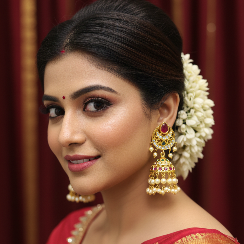 Model wearing Chandbali Polki Jhumki Multi