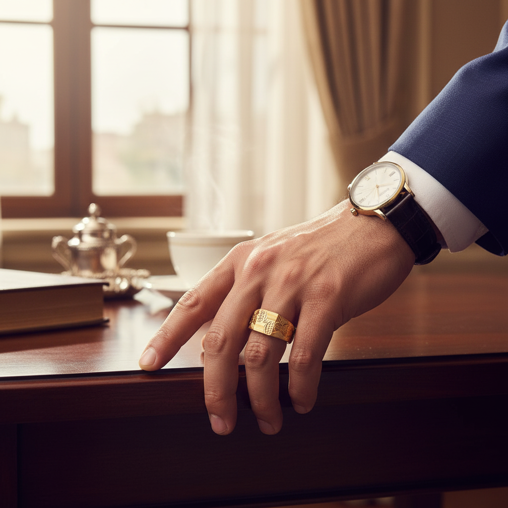 24K Gold Plated Leaf Motif Men's Ring with CZ Stones - Premium Designer Band