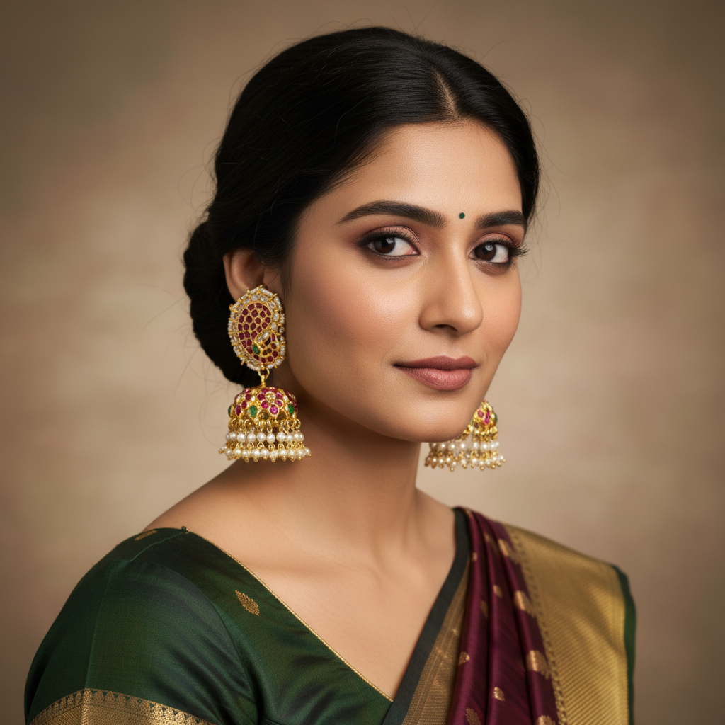Kempu Handmade Jhumka Earrings - Model Wear