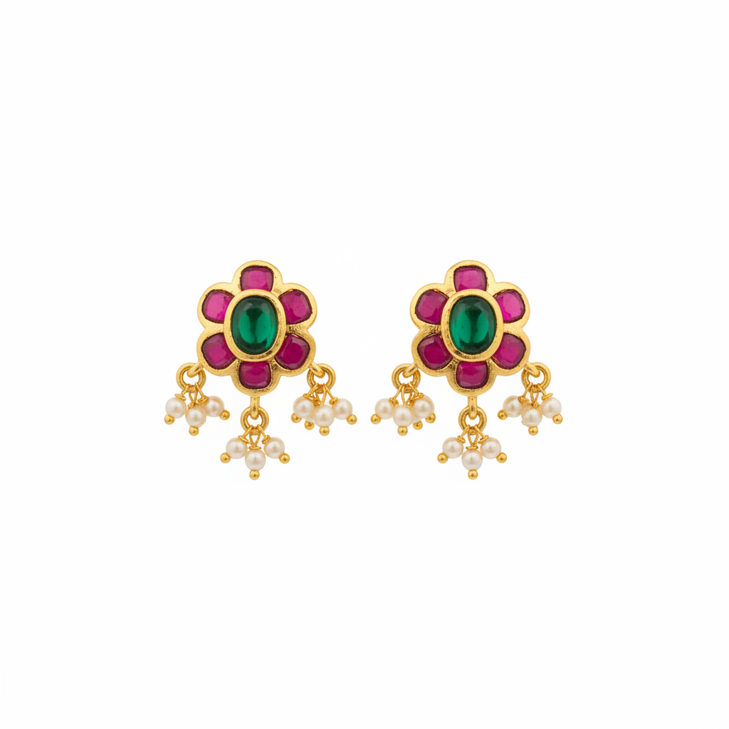 Kempu Green Center Flower Stud Earrings white background product shot