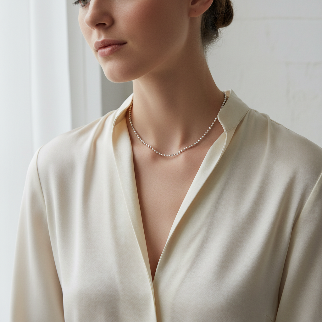 Lifestyle image of delicate silver ball chain necklace