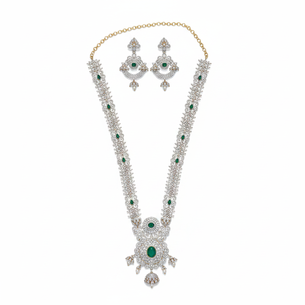 Emerald CZ Long Haram Necklace Set - Flat Lay