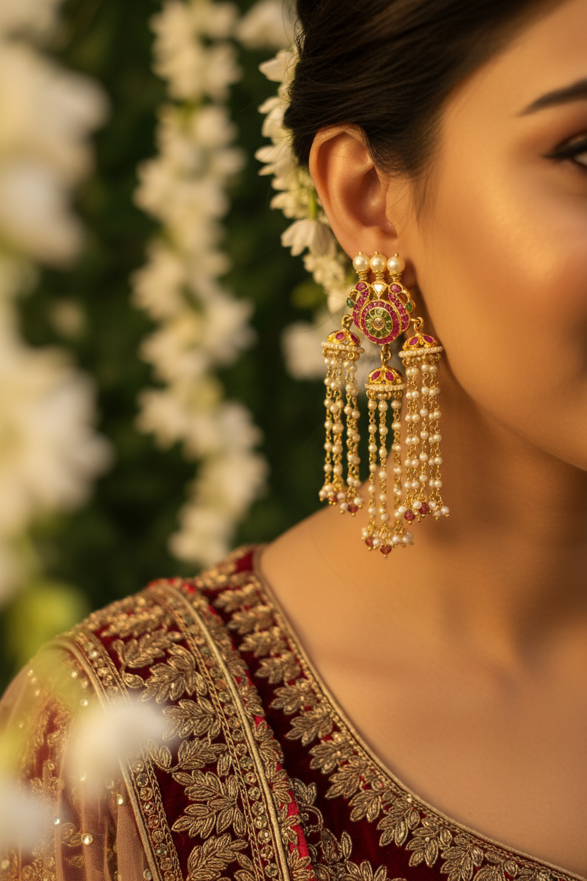 Polki Kundan Pearl Tassel Earrings - Bridal Lifestyle Wear