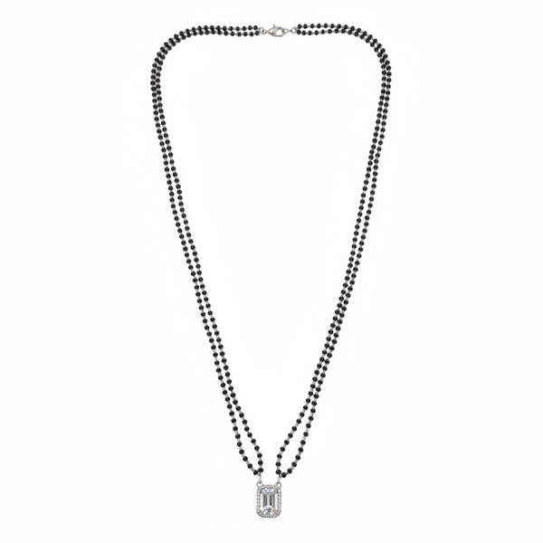 Double strand black bead mangalsutra with emerald-cut CZ pendant - white background