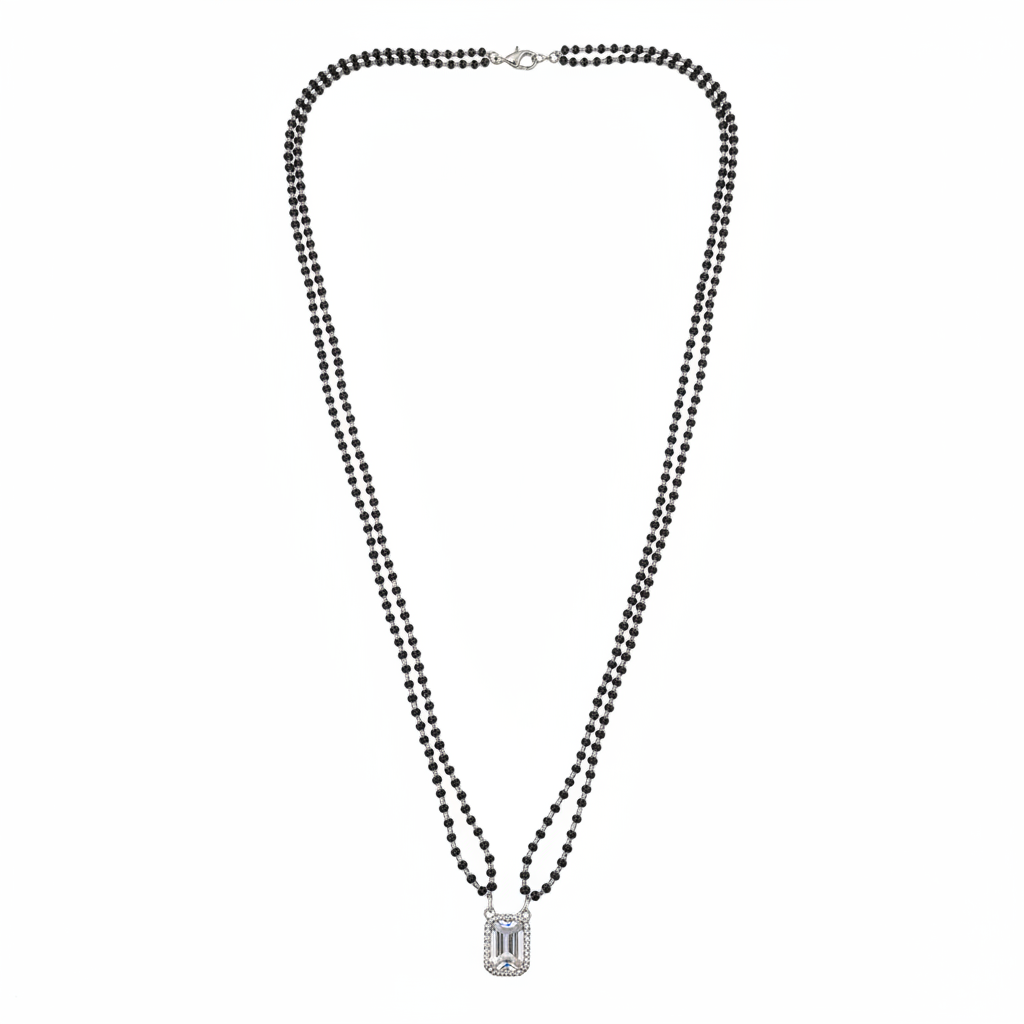 Double strand black bead mangalsutra with emerald-cut CZ pendant - white background