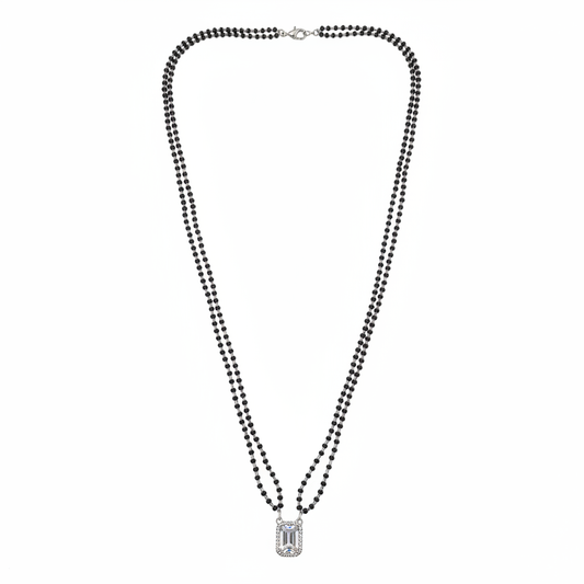 Double strand black bead mangalsutra with emerald-cut CZ pendant - white background