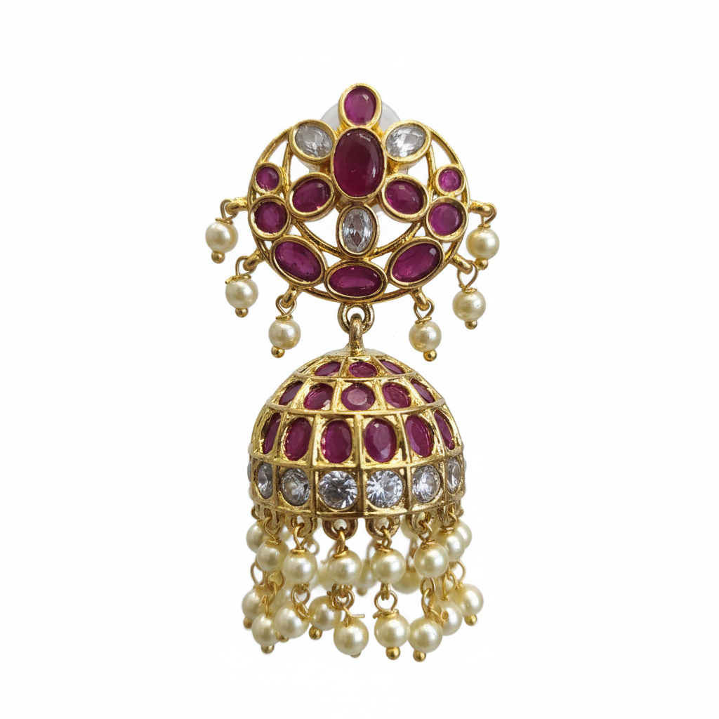 Kempu Ruby CZ Chandbali Jhumka - Macro Ruby CZ Detail
