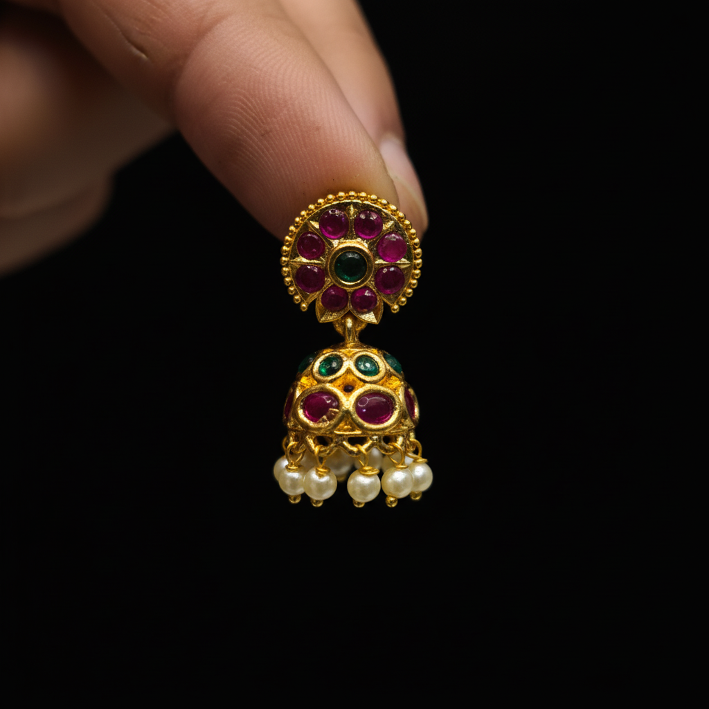 Kids Kempu Jhumki close-up detail showing ruby kempu stones, emerald center and tiny pearl drops