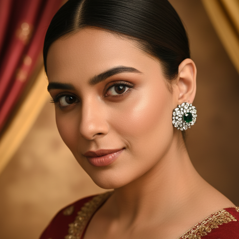 Model wearing Black Rhodium CZ Tops - Emerald Green