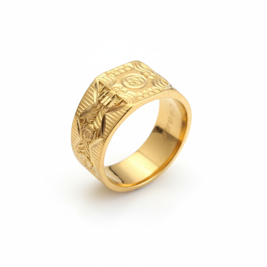 24K Gold Plated Traditional Motif Men's Ring - Premium Alloy Band