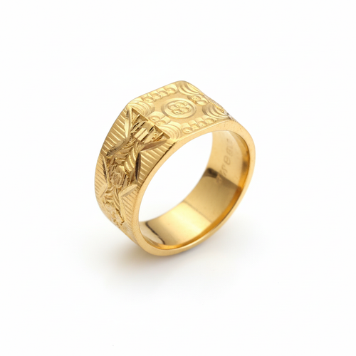 24K Gold Plated Traditional Motif Men's Ring - Premium Alloy Band