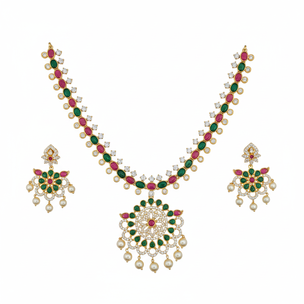 Pink ruby green CZ necklace set flat lay white background