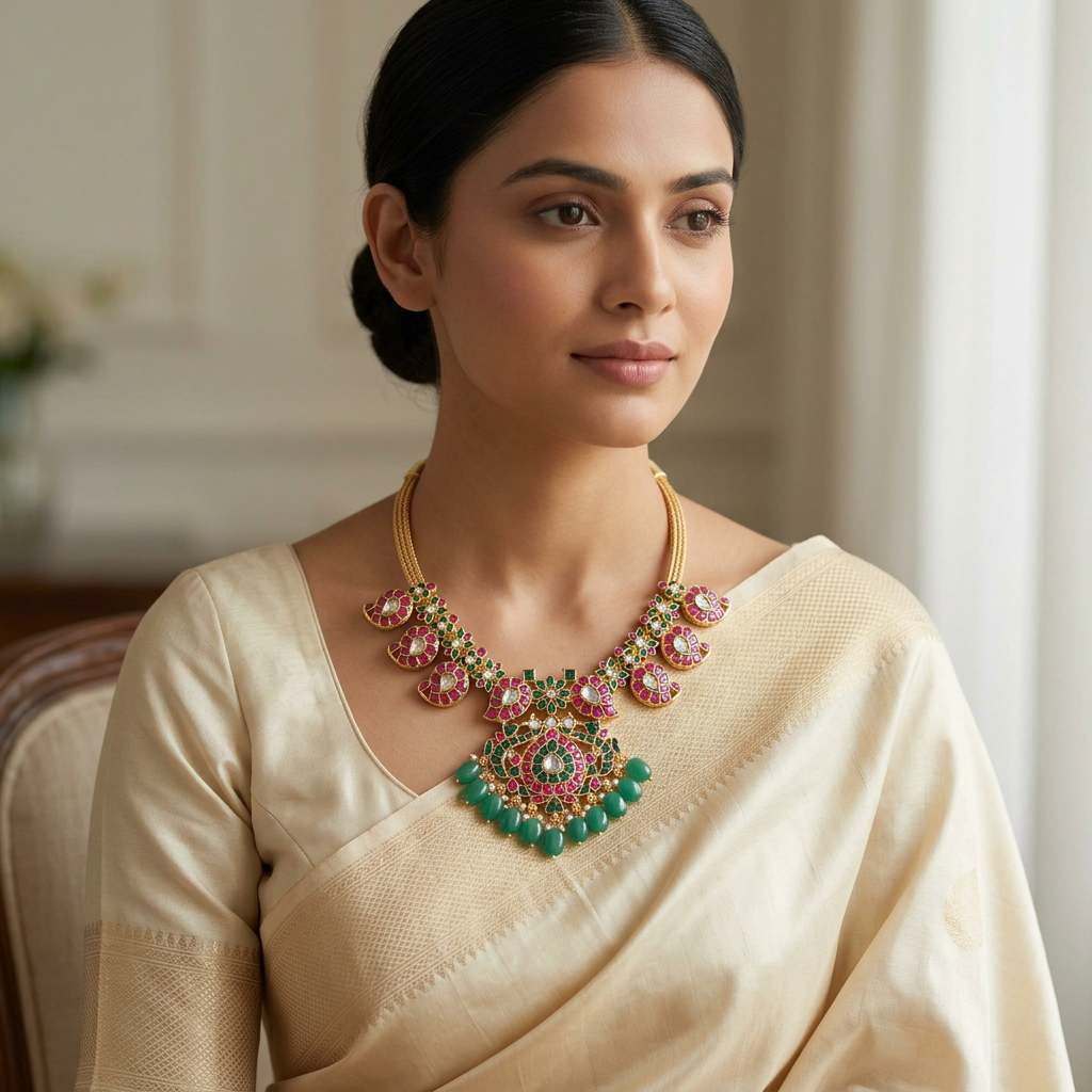 Model styling illustration of Jadau Kundan mango motif necklace