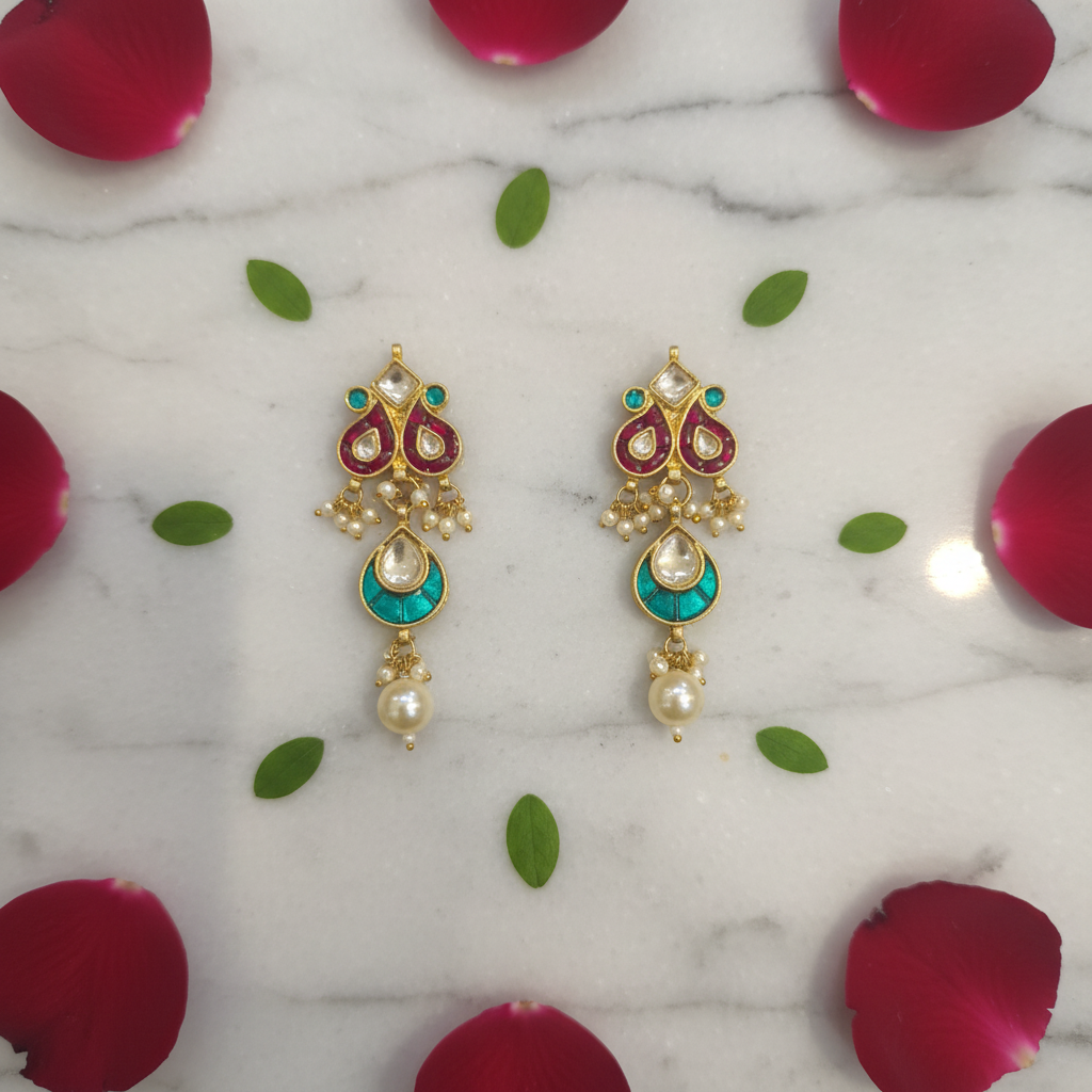 Jadau Kundan Earrings – flat lay on marble