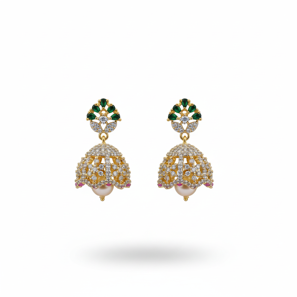 Rhodium-gold plated zircon diamond jhumka earrings with pink bead fringe