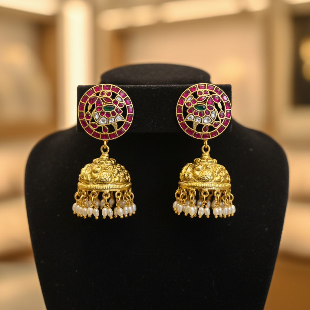 Lifestyle - Jadau Kundan Kempu Jhumka on Black Velvet Stand