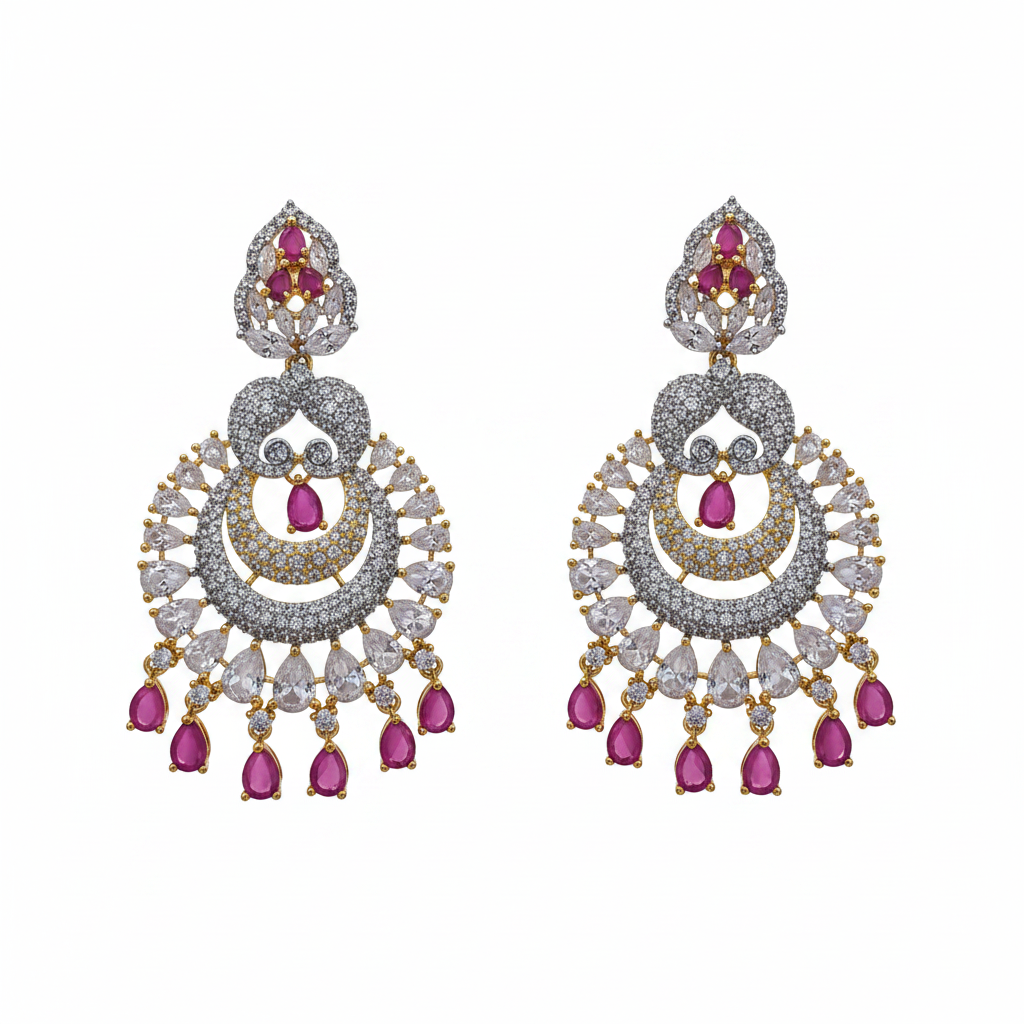 Flat lay Diamond Replica Chandbali Earrings Pink variant on white background