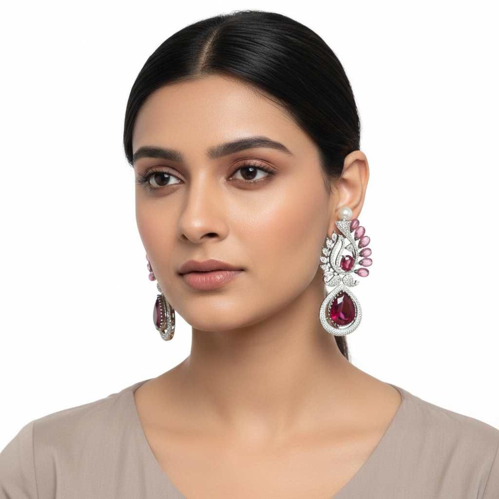 Model wearing Victorian CZ Pearl Top Drop Earrings - Ruby Pink
