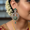 CZ Open Lattice Chandbali Earrings - Emerald Green On-Model Bridal