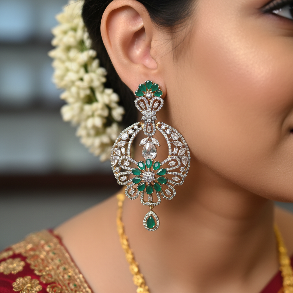 CZ Open Lattice Chandbali Earrings - Emerald Green On-Model Bridal