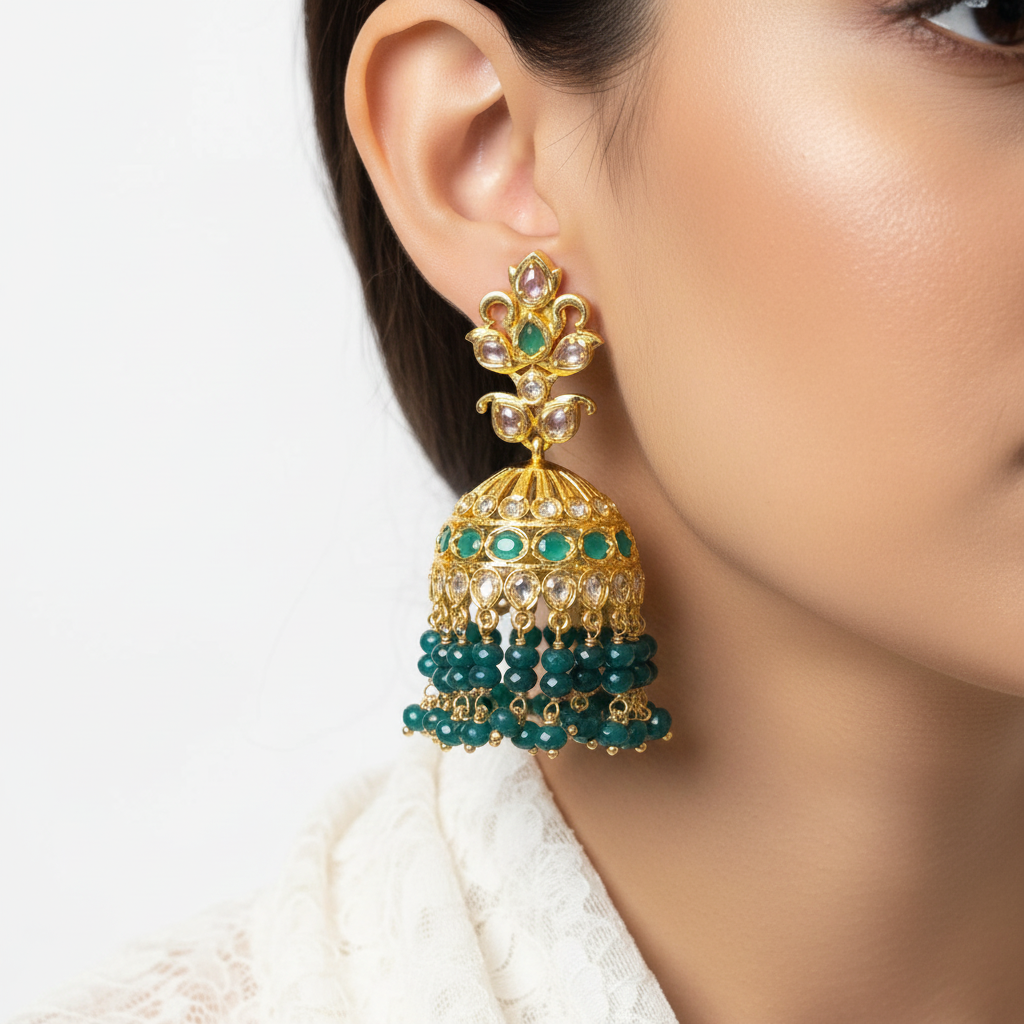 Model wearing Gold Plated Polki Jhumka - White Background