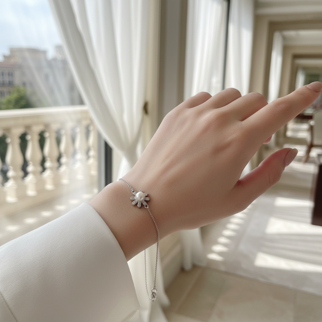 Woman wearing 925 sterling silver pearl flower bracelet lifestyle shot